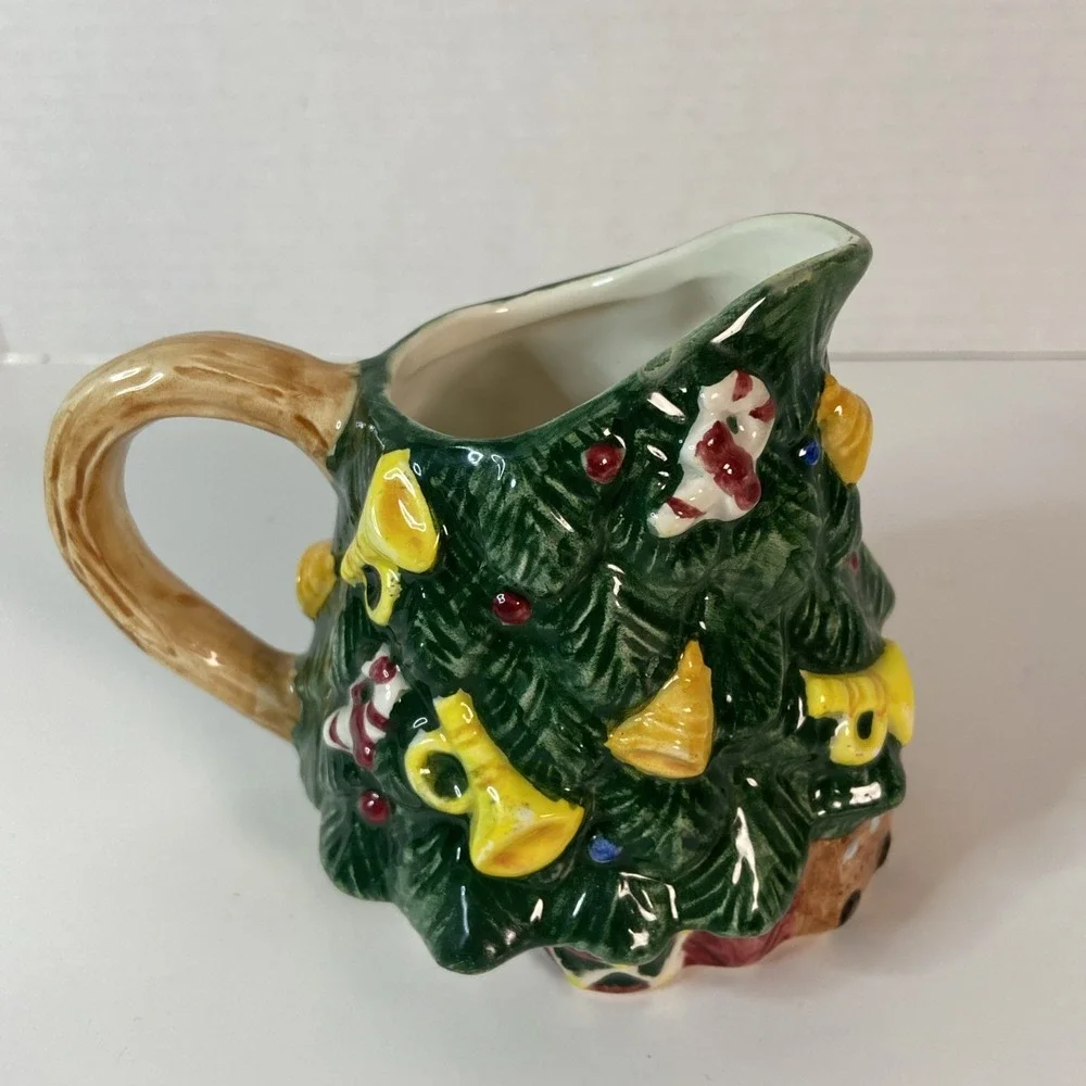 Vtg Earthenware Christmas Tree Sugar & Creamer Set w/Original Box Kitchen Decor